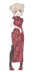 Rule 34 | 1girl, bandaged wrist, bandages, black thighhighs, blush, brown hair, china dress, chinese clothes, double bun, dress, fang, full body, hair bun, highres, natori sana, open mouth, red eyes, red shoes, sana channel, sanz zzz, shoes, side slit, simple background, skin fang, solo, standing, sweatdrop, thighhighs, virtual youtuber, white background
