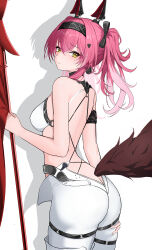 1girl absurdres ass back backless_bodysuit black_bow bodysuit bow breasts closed_mouth commentary_request earrings gradient_hair hair_between_eyes hair_bow hairband headgear highres holding holding_polearm holding_weapon jewelry large_breasts long_hair looking_at_viewer looking_to_the_side luoboko lupa_(wuthering_waves) metal_hairband multicolored_hair pink_hair polearm simple_background solo tail weapon white_background white_bodysuit wolf_tail wuthering_waves yellow_eyes