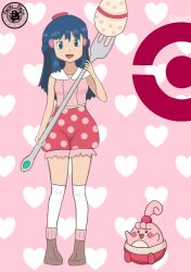 1girl alternate_costume artist_logo artist_name bare_shoulders blue_eyes blue_hair breasts brown_shoes character_name clenched_hands crease dawn_(pokemon) easter easter_egg egg eyelashes fankifalu female_focus fork full_body gen_4_pokemon hair_ornament hairclip hand_up happiny happy heart heart_background holding holding_fork knees legs logo long_hair neck nintendo open_mouth over-kneehighs oversized_object pokemon pokemon_(creature) pokemon_dppt polka_dot polka_dot_shorts puffy_shorts scan shirt shoes shorts sidelocks_tied_back sitting size_difference sleeveless sleeveless_shirt small_breasts socks standing thighhighs thighs white_socks