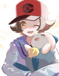 1boy baseball_cap blue_jacket brown_eyes brown_hair closed_eyes commentary_request fangs freckles gen_5_pokemon hat highres hilbert_(pokemon) holding holding_pokemon jacket long_sleeves male_focus nintendo one_eye_closed open_mouth oshawott outstretched_arms pokemon pokemon_(creature) pokemon_bw red_hat ringosan2329 short_hair solo teeth upper_body upper_teeth_only white_background