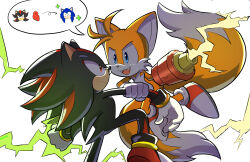 2boys absurdres animal_ears arm_cannon blue_eyes cyan_altar electricity fox_ears fox_tail gloves heart_(organ) highres looking_at_another male_focus multiple_boys red_eyes shadow_the_hedgehog sonic_(series) sonic_battle sonic_the_hedgehog tail tails_(sonic) tears weapon white_gloves