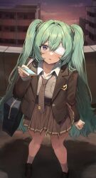 1girl absurdres aqua_hair bag blue_bag blush breasts brown_jacket brown_necktie brown_shoes brown_skirt building cellphone cloud collared_shirt eyepatch furrowed_brow hair_between_eyes hair_intakes hand_up hatsune_miku highres holding holding_phone jacket khan_0204 loafers long_hair long_sleeves looking_at_viewer medical_eyepatch medium_breasts monitoring_(vocaloid) nail_polish necktie outdoors phone pink_nails pleated_skirt purple_eyes rooftop shirt shirt_tucked_in shoes shoulder_bag sidelocks skirt sky smartphone socks solo standing sunset sweatdrop twintails very_long_hair vocaloid white_shirt white_socks wing_collar yellow_trim