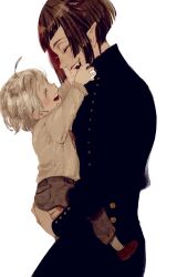 2boys :d ^_^ affectionate aged_down ahoge bad_id bad_twitter_id black_hair blunt_bangs blunt_ends blush bob_cut carrying child_carry closed_eyes commentary_request cowboy_shot edtwsta facing_another fangs father_and_son frilled_sleeves frills from_side full_body high_collar highres lilia_vanrouge long_sleeves male_focus multicolored_hair multiple_boys neck_ribbon open_mouth pants pink_hair pointy_ears profile raised_eyebrows reaching reaching_towards_another red_nails ribbed_socks ribbon shirt_tucked_in short_hair silver_vanrouge simple_background smile socks streaked_hair toddler twisted_wonderland undercut white_background white_hair