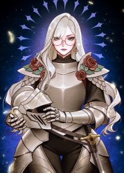 Rule 34 | 1girl, aia amare, aqua eyes, armor, blonde hair, breastplate, commentary, english commentary, eyewear strap, faulds, fif 228, flower, gauntlets, glasses, helmet, highres, holding, holding helmet, knight, long hair, looking at viewer, nijisanji, nijisanji en, pauldrons, realistic, red flower, red rose, rose, scale armor, shoulder armor, solo, sword, thigh gap, too many watermarks, virtual youtuber, watermark, weapon