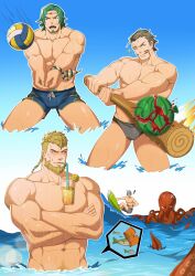 3boys abs absurdres alois_rangeld arm_hair ball bara beard blonde_hair blue_male_swimwear blush brown_hair bulge chest_hair cup drinking drinking_straw facial_hair fire_emblem fire_emblem:_three_houses food fruit gatekeeper_(fire_emblem) green_hair grey_male_swimwear highres holding jeralt_reus_eisner large_pectorals male_focus male_swimwear multiple_boys muscular muscular_male navel nintendo nipples one_eye_closed open_mouth partially_submerged pectorals seteth_(fire_emblem) short_hair tongue tongue_out topless_male volleyball_(object) water watermelon wristband zhuganchangjiadan