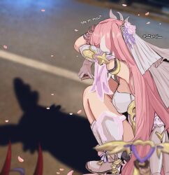absurdres ahoge bell boots breasts cat_shadow_puppet_(meme) commentary corset elysia_(herrscher_of_human:_ego)_(honkai_impact) elysia_(honkai_impact) falling_petals gloves highres honkai:_star_rail honkai_(series) honkai_impact_3rd horns large_breasts long_hair mem_(honkai:_star_rail) meme outdoors petals pink_hair purple_hair raiden_mei raiden_mei_(herrscher_of_thunder) red_horns shadow sideboob sleepy_kaslana twitter_username veil very_long_hair white_boots white_corset white_gloves white_veil