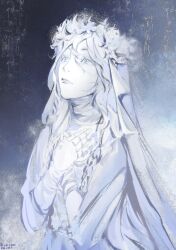 1girl absurdres artist_name closed_mouth colored_skin doll_joints dress elden_ring elden_ring_nightreign highres hontoninetai joints lips long_hair looking_up revenant_(elden_ring) solo veil wavy_hair white_dress white_hair white_lips white_skin