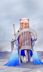 1girl absurdres bare_shoulders blonde_hair braid cartethyia_(wuthering_waves) commentary crown_of_thorns devil_may_cry_(series) devil_may_cry_5 english_commentary foxyreine from_behind high_heels highres katana long_hair meme monobloc_(chair) pointy_ears shoes sitting solo sword vergil&#039;s_chair_(meme) very_long_hair weapon white_shoes wuthering_waves yamato_(sword)