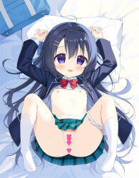 1girl :d ahoge aoi_yun bag bed_sheet black_jacket blazer blue_bow blue_hair blue_skirt blush bow braid breasts censored clothes_lift collared_shirt commentary_request groin hair_between_eyes hair_bow hair_ornament hairclip heart heart_censor highres imooka jacket kawanishi_yuko loli long_hair long_sleeves looking_at_viewer lying nail_polish navel nipples no_shoes on_back open_clothes open_jacket open_mouth panties panties_around_leg pillow pink_nails plaid_clothes plaid_skirt pleated_skirt purple_eyes red_bow school_bag school_uniform shirt shirt_lift skirt small_breasts smile socks solo underwear very_long_hair white_panties white_shirt white_socks