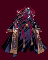1boy armor black_robe cane commentary_request covered_erect_nipples edarow full_body helmet holding holding_cane holster holstered hood hood_up male_focus original puffy_chest red_background robe simple_background solo visor_(armor)