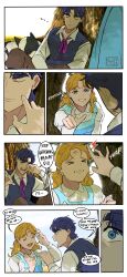 &gt;_&lt; 1boy 1girl 7aizagatha absurdres blonde_hair blue_dress blue_eyes blue_hair cheek_poking comic commentary danny_(jojo) dog dress english_commentary english_text engrish_text erina_pendleton flick grin highres jojo_no_kimyou_na_bouken jonathan_joestar open_mouth phantom_blood poking ranguage right-to-left_comic signature smile thick_eyebrows tree tree_shade