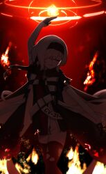 1girl absurdres arm_up azur_lane backlighting belt_buckle black_coat black_gloves blurry bokeh bon_homme_richard_(azur_lane) bon_homme_richard_(meta)_(azur_lane) buckle burnt_clothes cape closed_eyes clothes_writing coat commentary_request commission depth_of_field embers fire flat_chest fur-trimmed_coat fur_trim gloves grin hair_belt hair_over_one_eye highres nishimiya_aki open_clothes open_coat pixiv_commission red_sky scarf short_hair sky smile solo strap teeth thighhighs torn_clothes torn_coat torn_scarf torn_thighhighs upper_body wisdom_cube_(azur_lane)