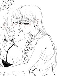 2girls bang_dream! bang_dream!_it&#039;s_mygo!!!!! blush breasts camisole choker cleavage doki_(oox3o) ear_blush earrings greyscale highres jewelry kabedon long_hair midriff monochrome multiple_girls navel necklace_pull shiina_taki spot_color tank_top yahata_umiri yuri
