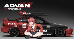1girl absurdres advan ange_katrina ange_katrina_(2nd_costume) bare_legs belt black_car black_shoes black_skirt blue_eyes car character_name check_vehicle closed_mouth collared_shirt commentary_request copyright_name crossed_bangs crossed_legs full_body gold_necklace gradient_background grey_background hair_between_eyes hair_intakes halter_shirt halterneck hand_on_own_cheek hand_on_own_face hand_on_own_knee head_rest highres honda_integra jacket jewelry lips long_bangs long_sleeves looking_at_viewer masada_masashi miniskirt motor_vehicle necklace nijisanji on_ground platform_shoes pleated_skirt race_vehicle racecar red_car red_hair red_jacket shirt shirt_tucked_in shoes sitting skirt smile solo spoiler_(automobile) vehicle_request virtual_youtuber white_belt white_shirt