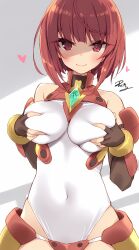 Rule 34 | 1girl, bob cut, breasts, brown gloves, chest jewel, closed mouth, covered navel, fingerless gloves, gem, gloves, grabbing own breast, green gemstone, heart, highres, impossible clothes, large breasts, looking at viewer, red eyes, red hair, shaded face, short hair, smile, solo