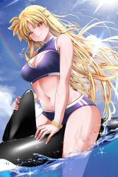 1girl bikini blonde_hair blue_bikini blush bracelet breasts cleavage cleavage_cutout closed_mouth clothing_cutout commentary_request day fate_testarossa highres inflatable_dolphin inflatable_toy jewelry large_breasts long_hair looking_at_viewer lyrical_nanoha mahou_shoujo_lyrical_nanoha_strikers navel outdoors paid_reward_available rainbow red_eyes sitting solo sougetsu_izuki straddling swimsuit thighs turtleneck_bikini_top very_long_hair wading water