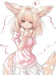 1girl absurdres animal_ear_fluff animal_ears blonde_hair bow bowtie brown_eyes fennec_(kemono_friends) fox_ears grey_skirt hand_on_own_chin highres kemono_friends medium_hair notora pink_sweater skirt solo sweater tail