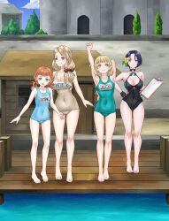 4girls absurdres alternate_costume annette_fantine_dominic arm_up black_hair black_one-piece_swimsuit blonde_hair blue_eyes blue_hair blue_one-piece_swimsuit breasts brown_one-piece_swimsuit cleavage closed_mouth fire_emblem fire_emblem:_three_houses fire_emblem_heroes flower gluteal_fold green_eyes green_one-piece_swimsuit hair_flower hair_ornament hair_rings hand_on_another&#039;s_shoulder highres holding_binder igni_tion ingrid_brandl_galatea large_breasts long_hair low-tied_long_hair matching_outfits medium_breasts mercedes_von_martritz multiple_girls name_tag nintendo official_alternate_costume old_school_swimsuit one-piece_swimsuit open_mouth orange_hair outdoors pool poolside purple_eyes school_swimsuit shamir_nevrand shamir_nevrand_(summer) small_breasts smile stretching swimsuit