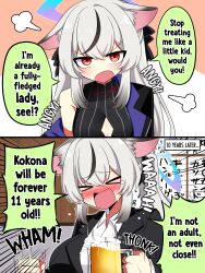 Rule 34 | &gt; &lt;, 1girl, absurdres, aged up, alcohol, animal ears, beer, black hair, black jacket, blue archive, blue halo, breasts, cup, drunk, grey hair, halo, hard-translated, highres, holding, holding cup, jacket, kokona (blue archive), large breasts, multicolored hair, noripote (noripote831), orange eyes, shirt, single bare shoulder, speech bubble, third-party edit, tiger ears, time skip, two-tone hair, white shirt
