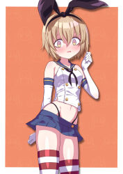 1girl arms_behind_back black_hairband black_neckerchief black_panties blue_sailor_collar blue_skirt bow_hairband breasts brown_hair commentary_request commission cosplay cowboy_shot elbow_gloves gloves hairband hand_up highleg highleg_panties highres jashin-chan_dropkick kantai_collection looking_at_viewer microskirt multicolored_eyes mumyou_ishi neckerchief open_mouth orange_background panties pekora_(jashin-chan_dropkick) petite pleated_skirt purple_eyes red_thighhighs sailor_collar sailor_shirt school_uniform serafuku shimakaze_(kancolle) shimakaze_(kancolle)_(cosplay) shirt short_hair simple_background skeb_commission skirt small_breasts solo striped_clothes striped_thighhighs textless_version thighhighs two-tone_eyes underwear variant_set white_gloves white_shirt yellow_eyes