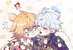 Rule 34 | !?, 2434234fsd22484, 2boys, antenna hair, arm tattoo, biting, biting cheek, black coat, black shirt, blonde hair, braid, cape, chest tattoo, chibi, chibi only, closed eyes, coat, collared shirt, commentary request, earrings, facial tattoo, gold earrings, gold necklace, gradient hair, hair between eyes, honkai: star rail, honkai (series), jewelry, looking at another, male focus, medium hair, multicolored hair, multiple boys, mydei (honkai: star rail), necklace, open clothes, open coat, pectorals, phainon (honkai: star rail), red hair, red tattoo, shirt, short hair, side braid, simple background, surprised, tattoo, toned, toned male, white background, white coat, white hair, yellow eyes