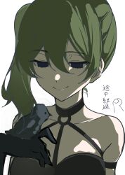1girl absurdres animal animal_on_head artist_name bird bird_on_head black_bird black_dress breasts closed_mouth commentary_request dress green_hair grey_eyes highres looking_down medium_breasts mizu_(zzcr8427) on_head side_ponytail simple_background smile solo sousou_no_frieren twitter_username ubel_(sousou_no_frieren) white_background