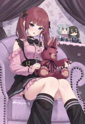 1girl bare_shoulders black_bow black_bowtie black_choker black_skirt black_socks bow bowtie center_frills cevio character_doll choker clothing_cutout commentary_request frilled_skirt frills highres holding holding_stuffed_toy jirai_kei kanpa_(campagne_9) knees_together_feet_apart long_hair looking_at_viewer natsuki_karin on_chair open_mouth pink_shirt purple_eyes red_hair shirt shoulder_cutout sitting skirt socks studded_choker stuffed_animal stuffed_rabbit stuffed_toy synthesizer_v teeth twintails upper_teeth_only