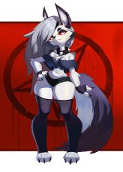 1girl absurdres animal_ears animal_feet animal_nose bare_shoulders black_gloves black_thighhighs body_fur breasts cleavage closed_mouth collar colored_sclera fang fingerless_gloves full_body furry furry_female gloves grey_hair half-closed_eyes hand_on_own_hip helluva_boss highres inverted_pentagram long_hair looking_to_the_side loona_(helluva_boss) navel red_sclera roxy_thefoxy simple_background snout solo spiked_collar spikes tail thighhighs white_eyes white_fur wolf_ears wolf_girl wolf_tail
