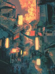 6+others balcony building city clothesline dkaism faceless fence limited_palette multiple_others on_roof original people sign silhouette solarpunk sunrise walking window