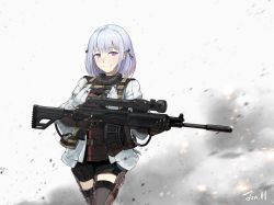1girl defy_(girls&#039;_frontline) drum_magazine extended_barrel female_focus girls&#039;_frontline gun highres jonathan_h light_machine_gun looking_at_viewer machine_gun magazine_(weapon) military military_uniform purple_eyes rpk rpk-16 rpk-16_(girls&#039;_frontline) short_hair shorts silver_hair simple_background smile solo suppressor weapon