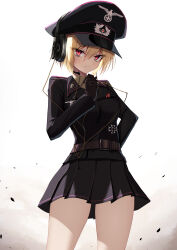 1girl absurdres belt black_gloves blonde_hair cross gloves hand_on_own_hip hat headphones highres iron_cross jiseki_rena looking_at_viewer military_uniform nazi original peaked_cap red_eyes reichsadler rena_(jiseki_rena) short_hair skirt solo standing throat_microphone totenkopf tsurime white_background