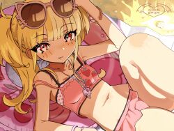 1girl bikini blonde_hair breasts closed_mouth collarbone eyewear_on_head fang food-themed_necklace food_print frilled_bikini frills fruit_print highres jewelry long_hair looking_at_viewer lying navel necklace on_back original oyasumi_guu_guu pink_bikini ponytail red_eyes small_breasts smile solo stomach strawberry_print sunglasses sunlight swim_ring swimsuit watch wristwatch