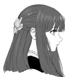 1girl blunt_bangs closed_mouth eyelashes fern_(sousou_no_frieren) frilled_shirt_collar frills from_side greyscale hair_ornament inoitoh long_hair looking_to_the_side monochrome sidelocks simple_background solo sousou_no_frieren white_background