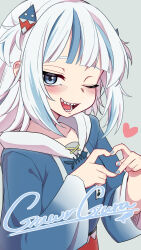 Rule 34 | 1girl, akita kang, animal costume, blue eyes, blue hair, blue hoodie, blue nails, blush, four-finger heart hands, gawr gura, gawr gura (1st costume), hair ornament, heart, heart hands, highres, hololive, hololive english, hood, hoodie, looking at viewer, medium hair, nail polish, shark costume, shark hair ornament, sharp teeth, sidelocks, smile, solo, teeth, two side up, virtual youtuber, white hair
