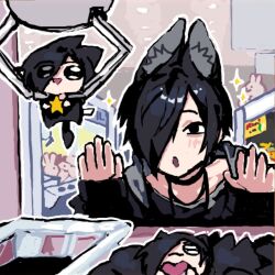 Rule 34 | 1boy, against glass, animal ears, black eyes, black hair, black jacket, character doll, chino (sky tanosi), commentary request, crane game, dog boy, dog ears, doll, hair over one eye, indoors, jacket, jewelry, male focus, necklace, original, short hair, sleeves past wrists, solo, sparkle, sparkling aura, upper body