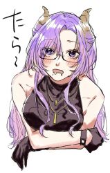 Rule 34 | 1girl, amaotome, black-framed eyewear, black shirt, blush, breasts, brown horns, demon girl, demon horns, highres, horns, leaning forward, looking at viewer, medium breasts, mole, mole under mouth, nanashi inc., open mouth, purple eyes, purple hair, saionji mary, saionji mary (10th costume), saliva, shirt, simple background, sleeveless, sleeveless shirt, solo, upper body, virtual youtuber, white background