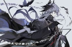 1boy arknights bird black_robe brown_eyes expressionless from_side grey_hair head_wings highres holding holding_pen logos_(arknights) long_hair magic male_focus pen pointy_ears potettoe robe runes solo upper_body white_background wings