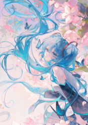 1girl absurdres aqua_necktie arm_at_side bare_shoulders black_skirt black_sleeves blue_butterfly blue_eyes blue_hair blush bug butterfly detached_sleeves floral_background flower hatsune_miku hatsune_miku_(vocaloid4)_(chinese) highres insect long_hair looking_at_viewer maccha_(mochancc) necktie number_tattoo open_mouth pink_flower pleated_skirt ring_hair_ornament shirt sitting skirt sleeveless sleeveless_shirt solo tattoo tree twintails very_long_hair vocaloid white_shirt