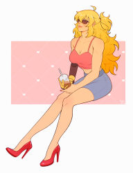 Rule 34 | blonde hair, breasts, camisole, cup, high heels, highres, holding, holding cup, large breasts, mechanical arms, midriff, muscular, muscular female, navel, red camisole, red footwear, rwby, shorts, single mechanical arm, white background, yang xiao long, yellow nicky