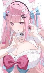 1girl @_@ absurdres ahoge animal_ears animal_print bandaid bandaid_hair_ornament belt black_choker blue_bow blush bow braid breasts cat_choker cat_ears cat_girl cat_print choker cleavage cleavage_cutout clothing_cutout crossed_bandaids dress extra_ears fingernails fish_hair_ornament flying_sweatdrops forced_smile ghost_hair_ornament hair_bow hair_intakes hair_ornament hairclip heart heart_hair_ornament highres huge_breasts indie_virtual_youtuber long_hair maid maid_headdress nail_polish nikumega o-ring o-ring_choker paw_print pink_belt pink_bow pink_dress pink_eyes pink_hair pink_nails short_sleeves simple_background solo sweatdrop two_side_up virtual_youtuber white_background white_wrist_cuffs wing_hair_ornament wrist_cuffs yuuki_sakuna yuuki_sakuna_(1st_costume)