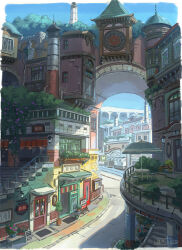 artist_name balcony blue_sky bridge building bush city cityscape clock concept_art day flower motor_vehicle no_humans original outdoors plant poten potted_plant railing road scenery sign signature sky stairs tower tree window