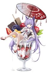 1girl absurdres achib ahoge blue_eyes cherry clothing_cutout cone_hair_bun dessert detached_sleeves food fruit hair_bun hair_ornament hair_rings heterochromia highres holding holding_food holding_ice_cream ice_cream long_hair navel navel_cutout pom_pom_(clothes) pom_pom_hair_ornament purple_hair see-through_clothes see-through_sleeves simple_background solo stellive strawberry sundae tenko_shibuki thigh_strap very_long_hair virtual_youtuber wafer_stick white_background yellow_eyes