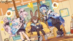 ! !! 1boy 2girls :o amiya_(arknights) animal_ears ankle_strap arknights ascot baseball_bat beret black_jacket black_pantyhose black_shirt black_shorts black_skirt black_socks blue_ascot blue_cloak blue_collar blue_eyes blue_hair blue_hat blue_neckerchief brown_hair cabinet calendar_(object) cloak coin collar copyright_name dot_nose dutch_angle frilled_ascot frills gold_coin hand_in_pocket handheld_game_console hat highres infection_monitor_(arknights) jacket jewelry kirara_(arknights) leaning_forward long_hair long_sleeves looking_at_another medium_hair mizuki_(arknights) money_bag multiple_girls multiple_rings neckerchief official_art pantyhose pantyhose_under_shorts partially_unzipped pink_hair pink_jacket playing_games pleated_skirt pointing purple_eyes rabbit_ears rabbit_girl ring second-party_source shirt short_hair_with_long_locks shorts sitting siyer skirt socks spoken_object standing swing_furniture tentacles tentacles_under_clothes topknot trap treasure_chest window zipper