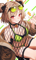 Rule 34 | 1girl, absurdres, bikini, blonde hair, blush, bodystocking, brown jacket, double bun, eyewear on head, fishnet bodystocking, fishnets, girls&#039; frontline, green-tinted eyewear, green bikini, grin, hair between eyes, hair bun, highres, jacket, karaage (xxxmido02), long hair, looking at viewer, official alternate costume, open hand, p90 (girls&#039; frontline), p90 (the girl from b.e.l) (girls&#039; frontline), red eyes, sidelocks, smile, solo, sunglasses, swimsuit, tinted eyewear