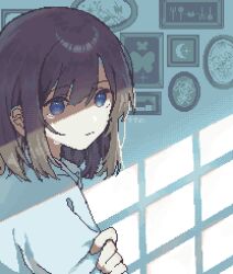 Rule 34 | 1girl, asleep onthebed, blue eyes, blue shirt, brown hair, crying, crying with eyes open, empty picture frame, hair between eyes, hand on own shoulder, highres, looking at viewer, original, photo (object), picture frame, pixel art, shirt, sidelocks, sunlight, tears, upper body, window light
