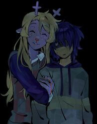 1girl 1other animal_ears antlers bandaid bandaid_on_finger black_background black_hood black_shirt blonde_hair blood blood_on_hands checkered_clothes checkered_vest closed_eyes colored_skin commentary deer_antlers deer_ears deer_girl deltarune english_commentary freckles goomyloid green_sweater highres holding_another&#039;s_arm horns kris_(deltarune) long_hair long_sleeves noelle_holiday open_mouth shirt short_hair sweat sweater vest yellow_skin