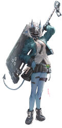1girl absurdres aqua_jacket bandaid bandaid_on_leg black_necktie black_shoes black_skirt blue_oni blue_skin collared_shirt colored_skin franlol full_body hair_between_horns highres holding holding_weapon horns jacket mask multicolored_horns necktie oni oni_mask shirt shoes skin-covered_tail skirt soukaku_(zenless_zone_zero) thigh_strap two-tone_horns weapon white_background white_hair white_shirt