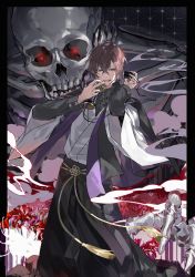 Rule 34 | 1boy, antique phone, brown hair, candlestick phone, flower, green eyes, hakama, hakama skirt, highres, hypnosis mic, japanese clothes, outside border, phone, skeleton, skirt, skull, smile, smoke, spider lily, yumeno gentaro
