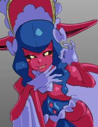 Rule 34 | black sclera, blue hair, colored sclera, daniel uribe, digimon, digimon (creature), hat, highres, horns, lamia, lamiamon, long hair, monster girl, ribbon, yellow eyes