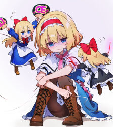 Rule 34 | 1girl, alice margatroid, blonde hair, blue dress, blue eyes, blush, boots, bow, bowtie, brown boots, brown pantyhose, capelet, chikuzen1996, commentary request, doll, dress, flying sweatdrops, frilled hairband, frilled sash, frills, glowstick, hairband, hand fan, highres, holding, holding fan, holding glowstick, hourai doll, lace-up boots, lolita hairband, long hair, open mouth, pantyhose, pink sash, puppet strings, red bow, red bowtie, red hairband, sash, shaded face, shanghai doll, solo, touhou, white capelet